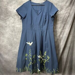 eShakti Bird Embellished Poplin Dress Size 3X Navy Crane Embroidered Fit & Flare
